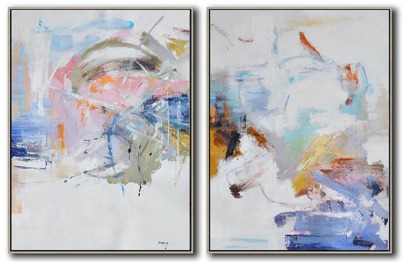 Hand Painted Extra Large Abstract Painting,Set Of 2 Abstract Oil Painting On Canvas,Large Wall Art Home Decor,White,Grey,Pink,Blue,Yellow.etc